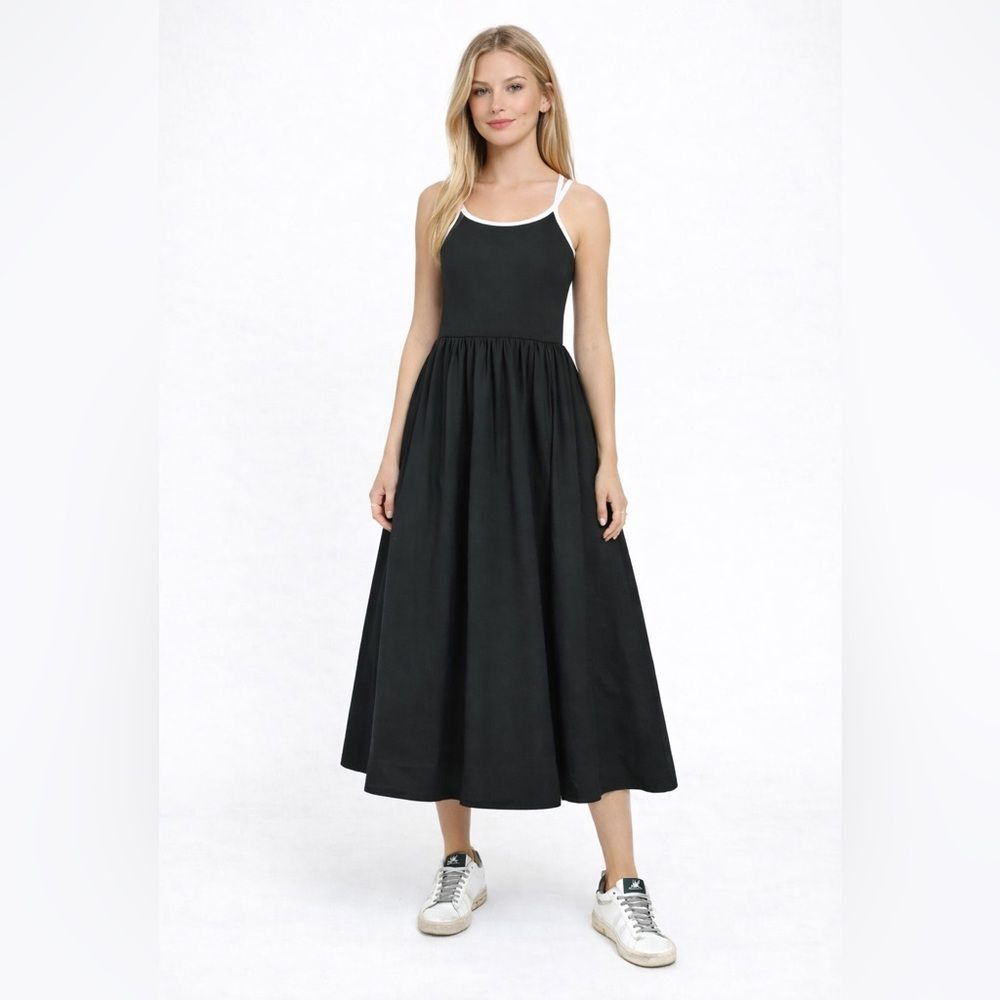 NWT WeLaken Black Midi Dress White Criss Cross Back Casual Chic Minimalist 14y